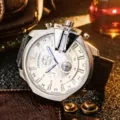 Men's Large Dial Quartz Watch Street Style Trendy Three-Eye Chronograph Leather Strap - Black Strap Silver Case White Face