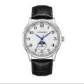 Men's automatic mechanical watch with white dial, blue hands, and black leather strap. - White Dial Leather Strap Butterfly Buckle
