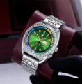 Men's automatic mechanical watch with green dial stainless steel strap and calendar display. - White Steel Green Dial (Solid Back)