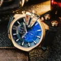 Men large dial quartz watch trendy street style gold case blue dial black leather strap - Black Band Rose Gold Case Black Dial