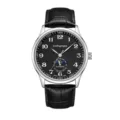 Men automatic mechanical watch with black leather strap and moon phase dial for business style. - Black Dial Leather Strap Butterfly Buckle