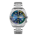 Herren Automatikuhr mechanische Uhr mit Edelstahlarmband, blauem Zifferblatt und Datumsanzeige. - Weißstahl Blaues Zifferblatt (Skelettierter Boden)
