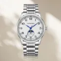 Men's automatic mechanical watch with white dial, blue hands and moon phase display. - White Steel White