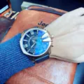 Oversized quartz watch for men with blue dial, gold tone stainless steel case and leather strap. - Black Band Rose Gold Case Gold Font