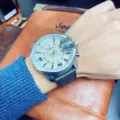 Men's oversized dial quartz watch with black leather strap, stylish business casual watch. - Black Strap Silver Case Gray Dial