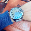 Oversized dial men quartz watch with grey leather strap and blue face business fashion style. - Gray Strap Silver Case Gray Dial