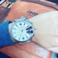 Oversized mens quartz watch with white dial and gray strap, stylish business wrist watch. - Gray Strap Silver Case White Dial
