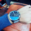 Men's oversized quartz watch with stylish blue dial and comfortable leather strap for daily business. - Gray Strap Silver Case Black Dial