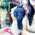 Men's oversized quartz watch featuring a blue dial, black metal strap, and bold style. - Black Steel Band Black Case White Font