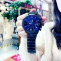 Oversized mens quartz watch featuring a striking blue dial, large numerals and black metal strap. - Black Steel Band Black Case Gold Font