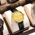 Men's automatic mechanical watch with gold case, black leather strap and embossed horse dial. - Black Strap Gold Case