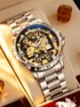Luxury skeleton mechanical men's watch with steel strap and hollow dial design for daily style. - White Steel Silver Case