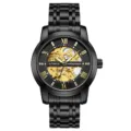 Men's automatic mechanical watch with gold skeleton dial and black stainless steel bracelet. - Black Steel Black Face Gold Movement