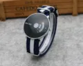 Minimalist creative quartz watch with blue white nylon strap and black dial for daily wear. - Blue White Red Canvas Strap Black Face