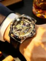 Luxury men's mechanical skeleton watch with gothic design, leather strap, and stylish dial. - Black Strap Silver Case Butterfly Clasp