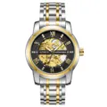 Men's automatic mechanical watch with skeleton dial two tone silver and gold steel band luxury - Two-Tone Black Face Gold Movement