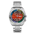 Men's quartz watch with orange dial, stainless steel strap and multi-calendar display. - Red Dial Stainless Steel
