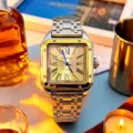 Luxury square automatic mechanical watch with gold dial and stainless steel bracelet. - Silver Case Two-Tone White Dial