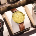 Luxury men's automatic mechanical watch with gold horse dial and brown leather strap. - Brown Strap Gold Case