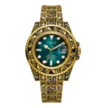 Men's carved quartz watch luxury green dial stainless steel gold fashion wristwatch - Dark Gold Lake Blue