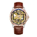 Men's skeleton mechanical watch featuring a brown leather strap and hollow gold dial. - Brown Strap Rose Gold Case Butterfly Clasp