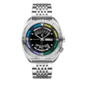 Men's silver stainless steel quartz watch with black dial and dual calendar display. - Stainless Steel Black Dial