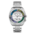 Men's stainless steel quartz watch with multi-function complex dial and calendar display. - Stainless Steel White Dial