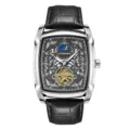 Men automatic mechanical watch with tonneau skeleton dial and black leather strap. - Black Strap Silver Case Black Face