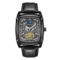 Luxury men automatic mechanical watch with tonneau skeleton dial and black leather strap. - Black Strap Black Case Black Face