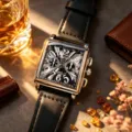 Square quartz men watch with black leather strap and unique dial design for daily wear. - Black Strap Silver Case Black Face
