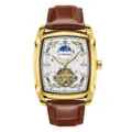 Men's automatic mechanical watch tonneau gold case brown leather strap skeleton dial - Brown Strap Gold Case White Dial