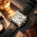 Men's square large dial quartz watch with black leather strap, waterproof and calendar function. - Black Strap Silver Case White Face