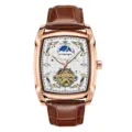 Men tonneau automatic mechanical watch with rose gold case and brown leather strap skeleton dial. - Brown Strap Rose Gold Case White Dial