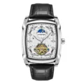 Men automatic mechanical watch tonneau silver case black leather strap skeleton dial moonphase - Black Strap Silver Case White Face