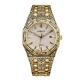 Men retro engraved quartz watch golden steel strap luxury fashion business wristwatch item - White Silver