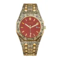 Men's Luxury Gold Quartz Watch Vintage Carved Steel Strap Red Dial Business Waterproof - Crimson