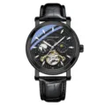 Luxury mens automatic mechanical watch with tourbillon sun and moon dial black leather strap - Black Strap Black Case Black Dial