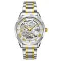 Two-tone automatic mechanical men's watch with skeleton dial and steel strap for business. - Two Tone White Dial