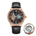 Men automatic mechanical watch with moon phase earth dial rose gold case leather strap - Black Strap Black Face