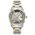 Two-tone automatic mechanical men's watch, skeleton dial with Roman numerals and stainless steel bracelet. - Two Tone Black Dial