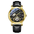 Luxury men's automatic mechanical watch with gold case, black leather strap and star dial. - Black Strap Gold Case Black Dial