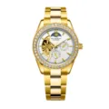 Men automatic mechanical watch gold stainless steel rhinestone bezel luxury hollow dial - Light Luxury Gold Steel White