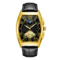 Men's Automatic Mechanical Tonneau Watch Gold Case Skeleton Tourbillon Moonphase Watch - Black Strap Gold Case Black Dial