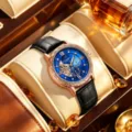 Luxury automatic mechanical men watch with moonphase dial, rose gold case and leather strap - Black Strap Blue Dial