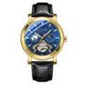 Men Automatic Mechanical Watch Gold Case Blue Starry Dial Black Leather Strap Luxury Design - Black Band Gold Case Blue Dial