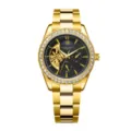 Luxury gold automatic mechanical watch for men with crystal bezel and hollow dial. - Elegance Gold Steel Black