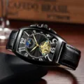 Automatic mechanical watch for men tonneau skeleton dial black leather strap luxury style - Black Strap Black Case Black Face