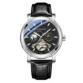 Men's automatic mechanical watch tourbillon star dial leather strap luxury timepiece - Black Strap Silver Case Black Dial