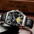 Men's Tonneau Automatic Mechanical Watch Tourbillon Moon Phase Black Leather Strap - Black Strap Silver Case Black Face