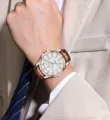 Luxury business automatic watch for men with mother of pearl dial and brown leather strap. - Brown Leather Strap Two-Tone Rose Gold Case White Mother-of-Pearl Dial